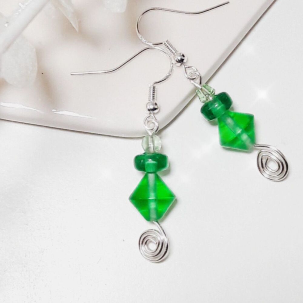 Artisan Earrings 034L# Green Sea glass matte glass torch beads bicones spirals